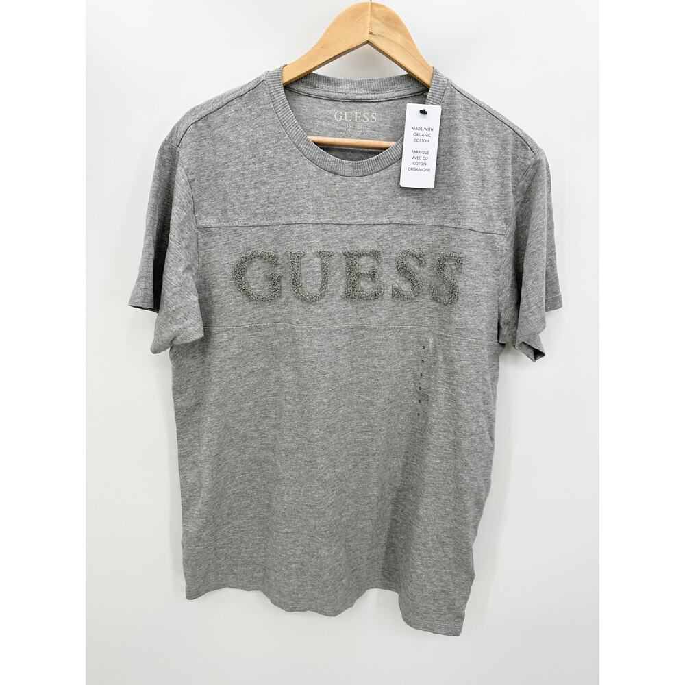 Guess Chenille Script Marble Heather Grey Short Sleeve Shirt Men's Size Small S